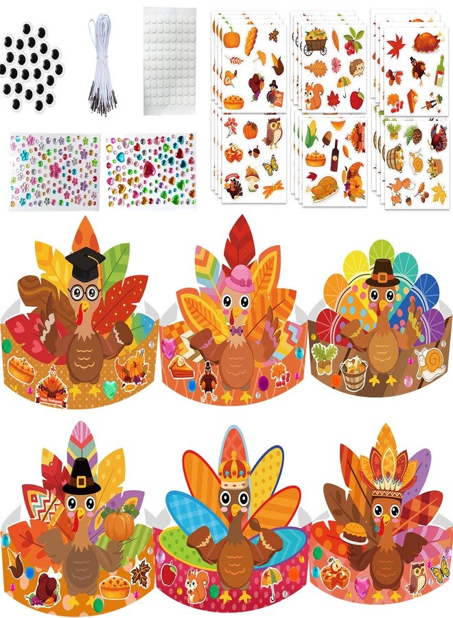 EUVBOKW 24 Pack Thanksgiving DIY Turkey Headband Craft Kit-Create Your Own Fall Paper Crown Hats with Stickers, Gems,Googly Eyes for Party and Holiday Activity - Image 1